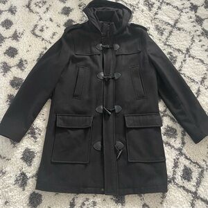 Guess Knee Length Black Wool Quilted Toggle Coat with Knit Collar & Hood Medium